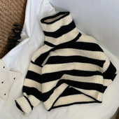 Kórejský retro pruhovaný hrubý ihličkovaný sveter pre deti chlapcov a dievčatá, voľný pletený sveter s vysokým golierom