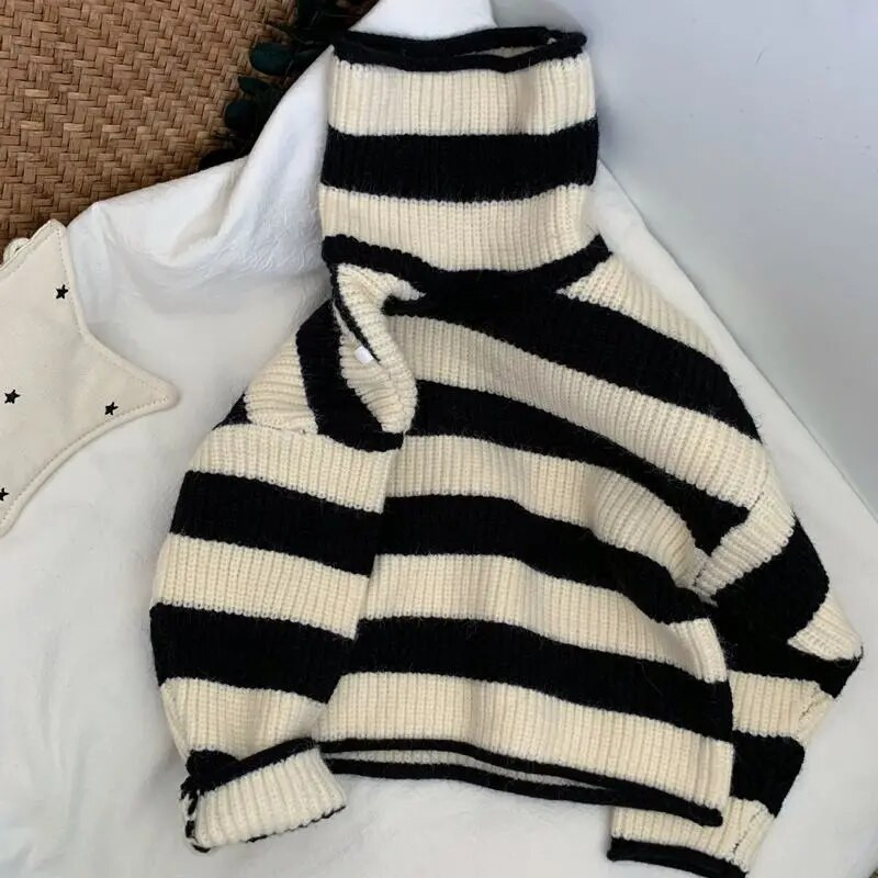 Kórejský retro pruhovaný hrubý ihličkovaný sveter pre deti chlapcov a dievčatá, voľný pletený sveter s vysokým golierom