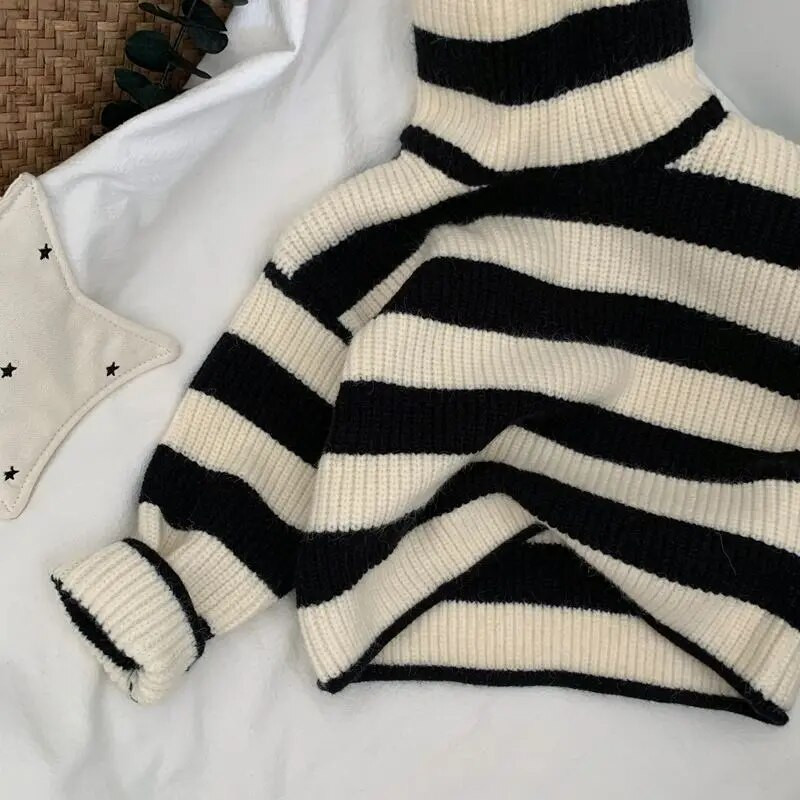 Kórejský retro pruhovaný hrubý ihličkovaný sveter pre deti chlapcov a dievčatá, voľný pletený sveter s vysokým golierom