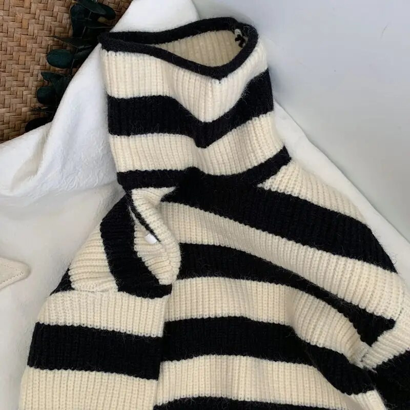 Kórejský retro pruhovaný hrubý ihličkovaný sveter pre deti chlapcov a dievčatá, voľný pletený sveter s vysokým golierom