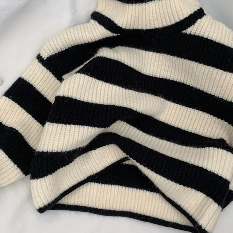 Kórejský retro pruhovaný hrubý ihličkovaný sveter pre deti chlapcov a dievčatá, voľný pletený sveter s vysokým golierom