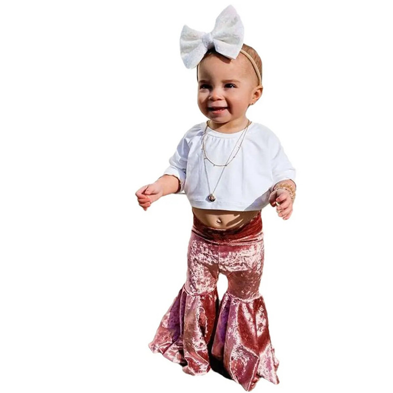 Lioraitiin 0-6 rokov dievčenské zamatové zvonové nohavice pre bábätká, dlhé rozšírené nohavice, ležérne nohavice s elastickým pásom pre deti