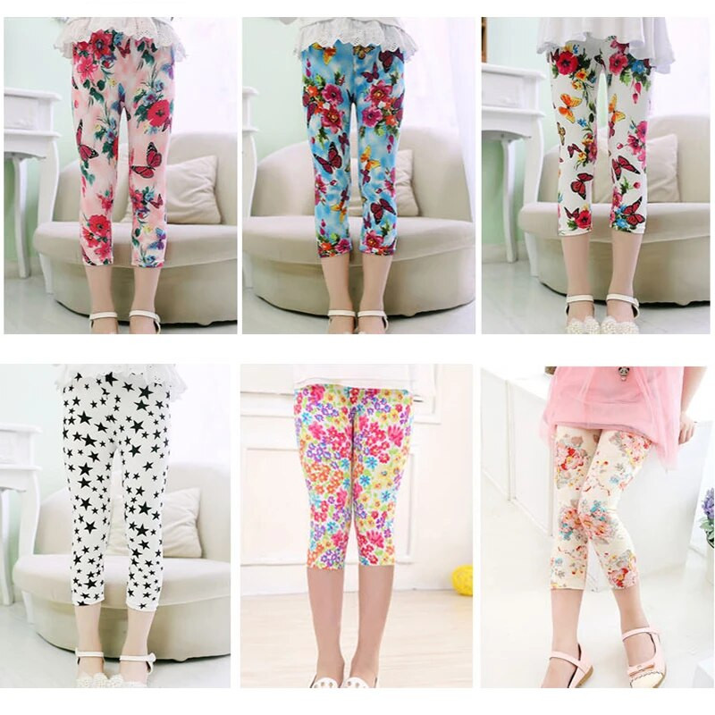 3-10 ani fete pantaloni tăiați cu flori cu imprimeu floral pentru copii până la gambe pantaloni slăbiți jambiere elastice pentru copii