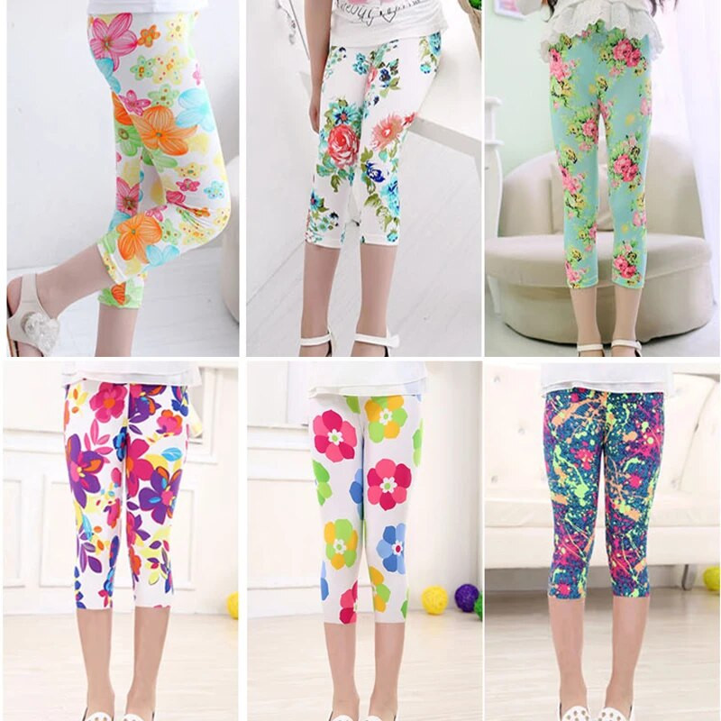 3-10 ani fete pantaloni tăiați cu flori cu imprimeu floral pentru copii până la gambe pantaloni slăbiți jambiere elastice pentru copii