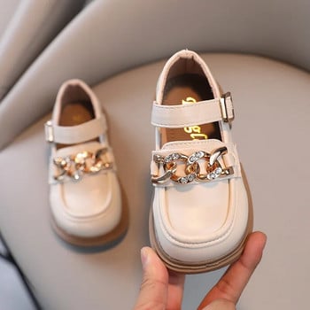Обувки за принцеса за момиченце Неплъзгащи се кожени обувки с мека подметка за момичета Детски училищни обувки с красива кристална метална верига G06215