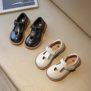 Нови 2024 г. за момиче Mary Janes, издълбани във формата на сърце Сладки детски кожени обувки с T-каишка, черни, бежови, прекрасни, стилни, детски обувки, бебешки обувки