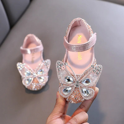 Момичета Сладки перлени обувки на принцеса Пролетни детски кожени обувки с пайети и лък Детски парти сватбени обувки с кристали G579