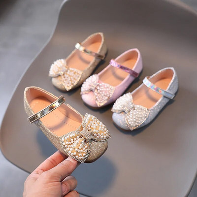 AINYFU Girls Butterfly Leather Shoes New Fashion Spring Girls Bling Pearl Princess Shoes Детски противоплъзгащи обувки за танци G974