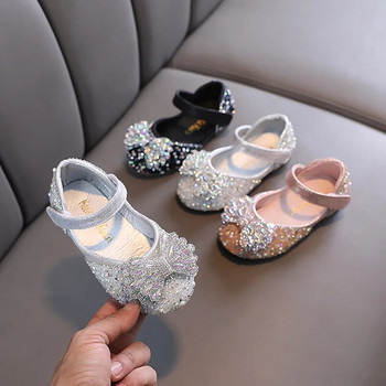 Кожени обувки за малки момичета, детски рокли с папионка и кристали, обувки за принцеса, детски ежедневни плоски обувки, парти обувки, размери 21-36