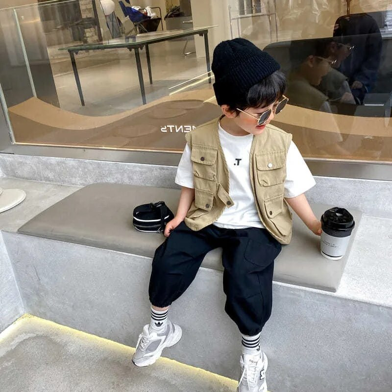 Kevad-sügis poiste varrukateta jakk jakk õues puuvillane vest, mitme taskuga püksid, poiste riided, lasteriided