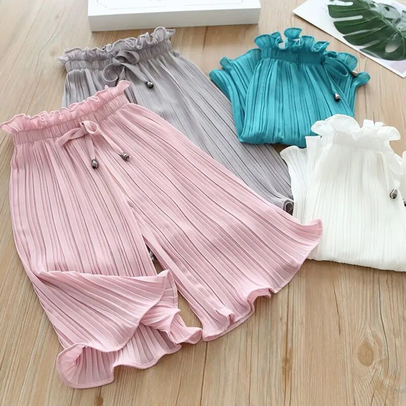 Paauglių mergaičių plačios kojos Šifono antblauzdžiai vasariniai vaikiški kelnės Madingi mažiems vaikams, elastinga juosmuo Laisvos kelnės nuo uodų