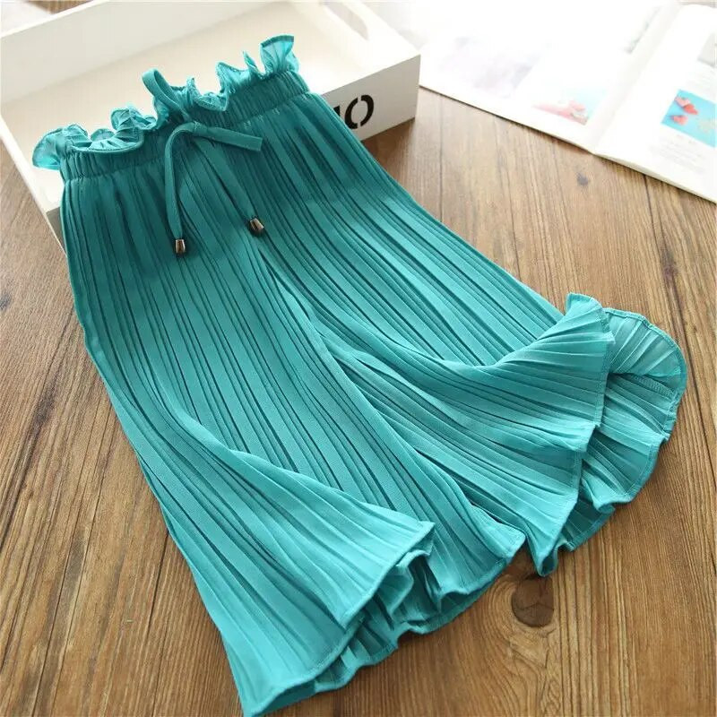 Paauglių mergaičių plačios kojos Šifono antblauzdžiai vasariniai vaikiški kelnės Madingi mažiems vaikams, elastinga juosmuo Laisvos kelnės nuo uodų