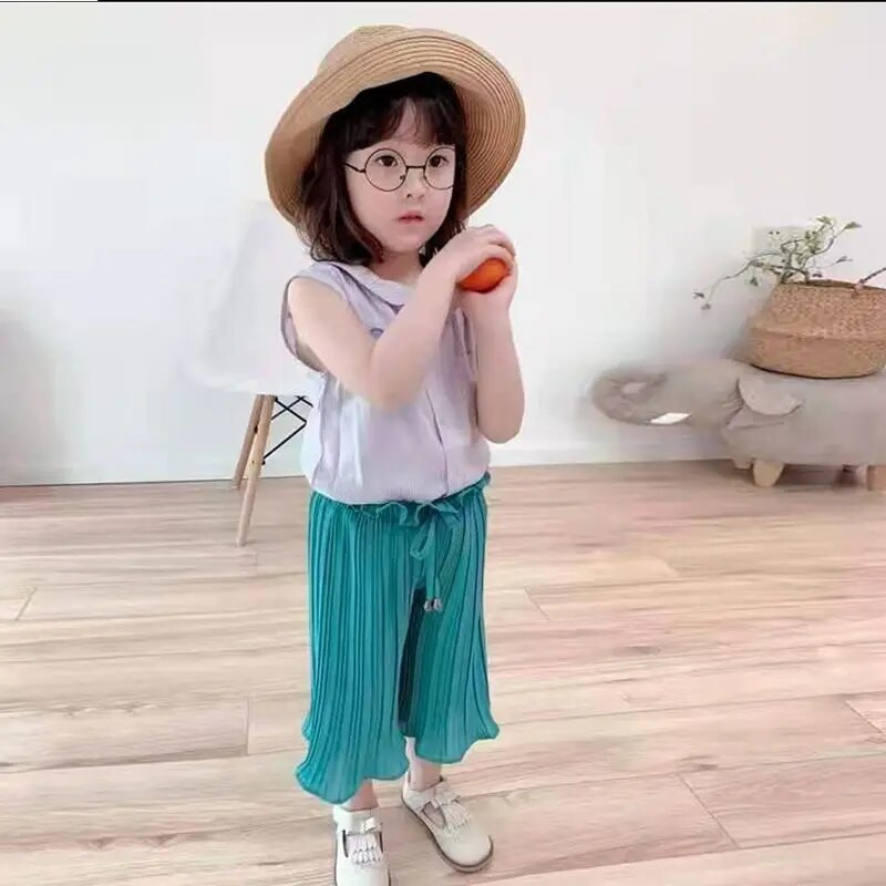 Paauglių mergaičių plačios kojos Šifono antblauzdžiai vasariniai vaikiški kelnės Madingi mažiems vaikams, elastinga juosmuo Laisvos kelnės nuo uodų