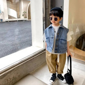 2023 Detská rifľová vesta, vesta pre chlapcov, vrchné oblečenie, detská kožušinová vesta, kreslený chlapčenský kabát, džínsové vesty, vrchné oblečenie