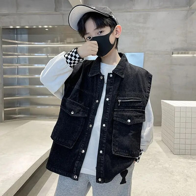 2023 Detská rifľová vesta, vesta pre chlapcov, vrchné oblečenie, detská kožušinová vesta, kreslený chlapčenský kabát, džínsové vesty, vrchné oblečenie