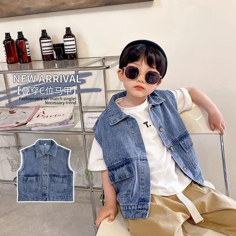 2023 Detská rifľová vesta, vesta pre chlapcov, vrchné oblečenie, detská kožušinová vesta, kreslený chlapčenský kabát, džínsové vesty, vrchné oblečenie