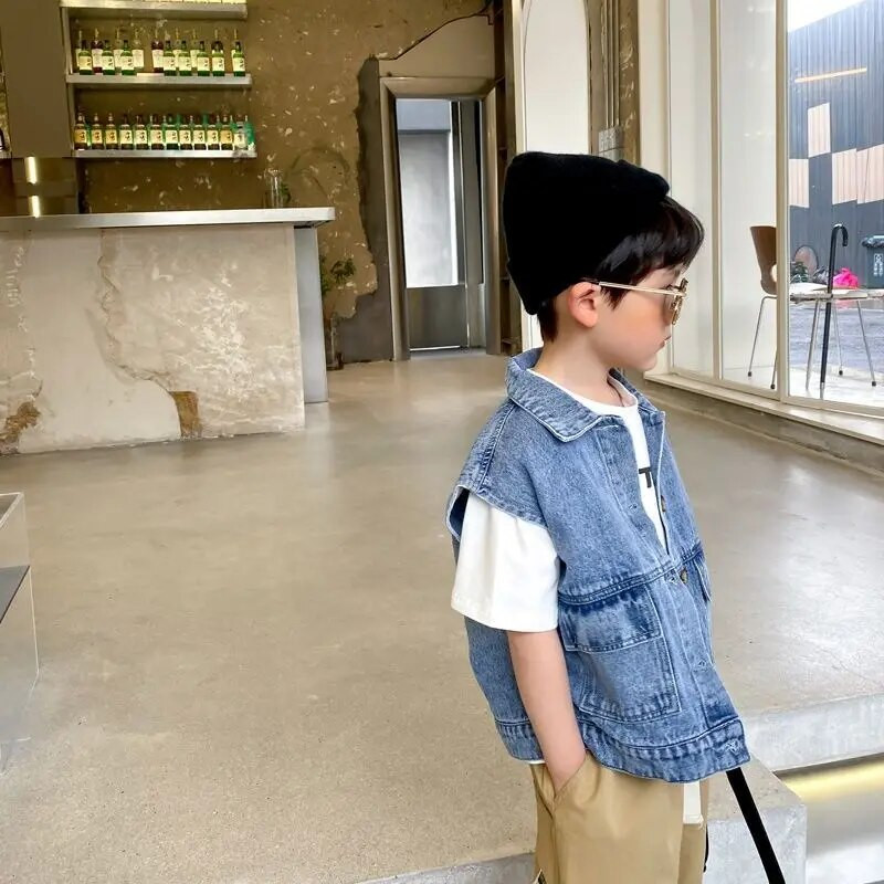 2023 Detská rifľová vesta, vesta pre chlapcov, vrchné oblečenie, detská kožušinová vesta, kreslený chlapčenský kabát, džínsové vesty, vrchné oblečenie