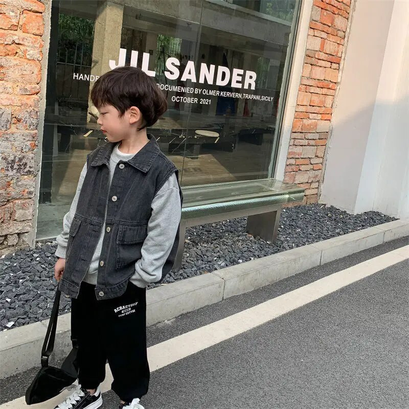 2023 Detská rifľová vesta, vesta pre chlapcov, vrchné oblečenie, detská kožušinová vesta, kreslený chlapčenský kabát, džínsové vesty, vrchné oblečenie