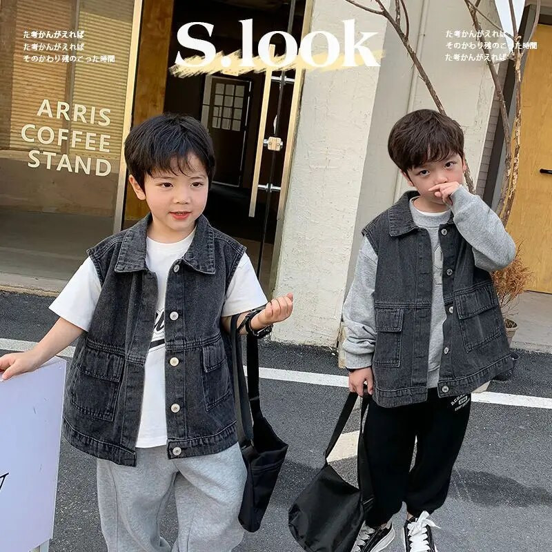 2023 Detská rifľová vesta, vesta pre chlapcov, vrchné oblečenie, detská kožušinová vesta, kreslený chlapčenský kabát, džínsové vesty, vrchné oblečenie