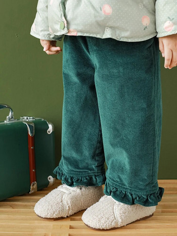 Панталони за момичета 2023 Пролет Есен Сладки дълги панталони с лотосови листа Бебешки ретро прави панталони Вельветови панталони Свободни панталони с дължина до глезена