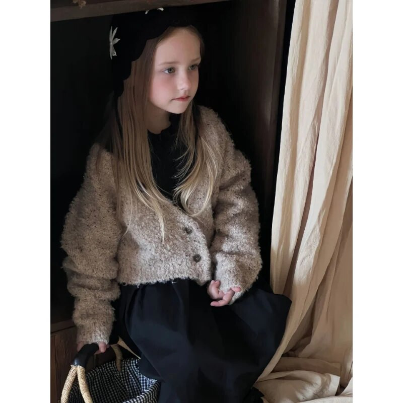 2023, toamnă iarnă, la modă, culoare solidă, moale, cu decolteu în V, ocazional, simplu, simplu, confortabil, pentru copii, pulover, cardigan