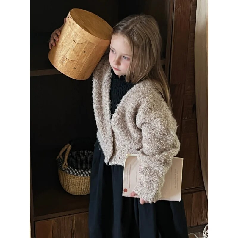 2023, toamnă iarnă, la modă, culoare solidă, moale, cu decolteu în V, ocazional, simplu, simplu, confortabil, pentru copii, pulover, cardigan