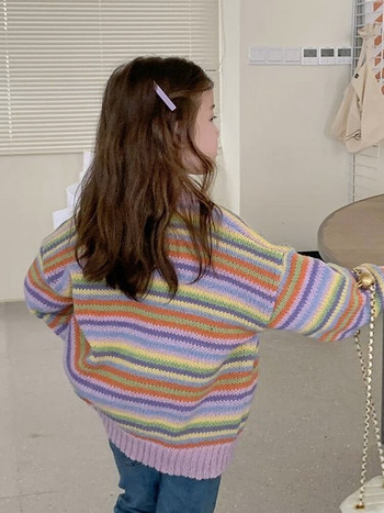 Детска 2023 г. Момическа плетена жилетка с пролетно райе Детски нови пуловери Бебешка жилетка Плетено горно облекло Връхни дрехи
