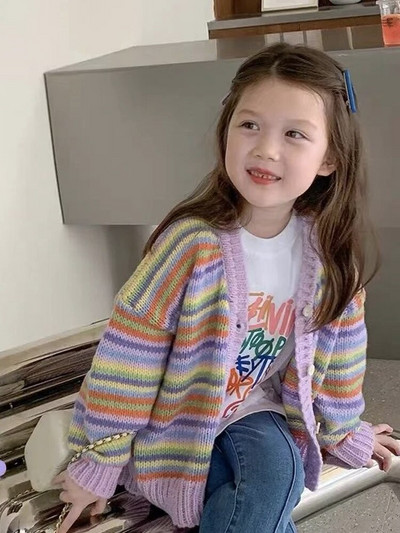 Cardigan tricotat cu dungi de primăvară pentru fete 2023 Pulovere noi pentru copii Cardigan pentru bebeluși Top tricot Haine Îmbrăcăminte exterioară