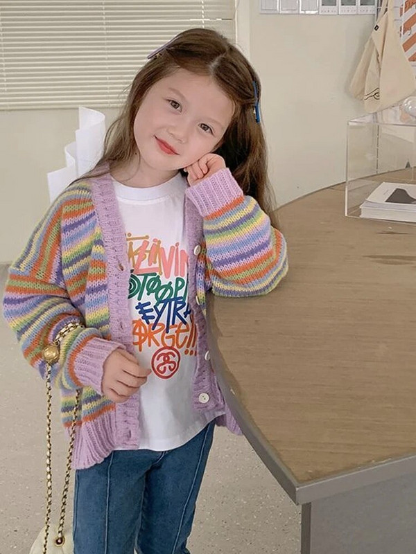 Laste 2023. aasta tüdrukute kevadtriibuline silmkoeline kampsun Laste uued kampsunid beebikardigan kootud top riided ülerõivad