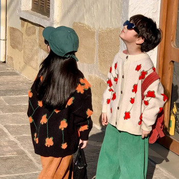 Детски пуловер 2023 Пролет и есен Момчета и момичета Корейски пуловер с жилетка на цветя Детско свободно плетено палто