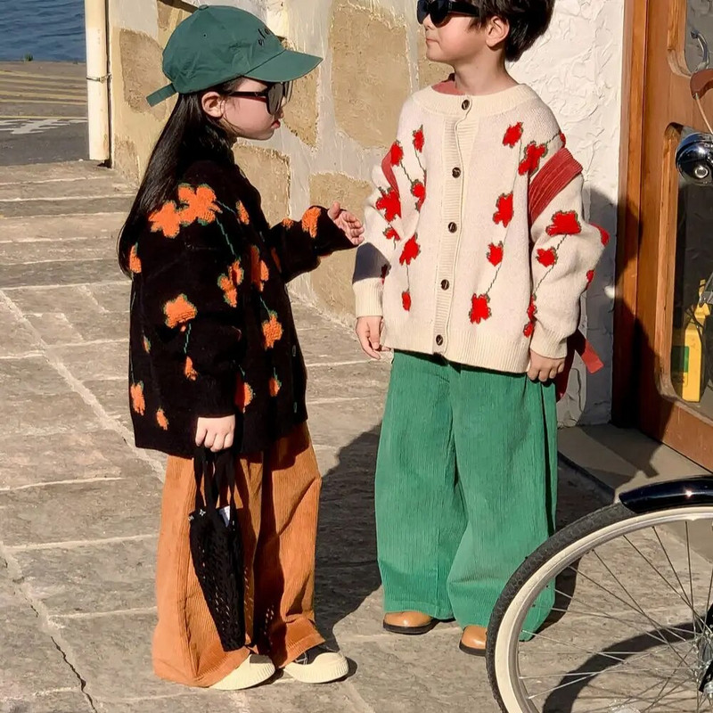 Pulover pentru copii 2023, primăvară și toamnă, băieți și fete, cardigan cu flori coreeane, pulover pentru copii, ocazional, tricot largi