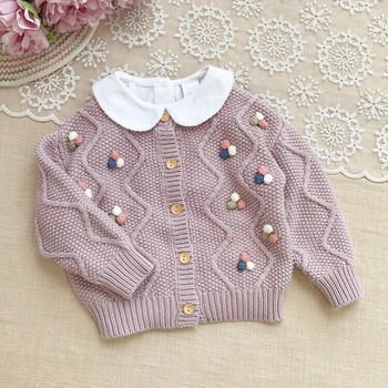 Нова пролетна лилава жилетка за бебета и момичета, детски пуловер, есенен помпон за новородени, трикотаж с дълъг ръкав, горни дрехи за момиченца