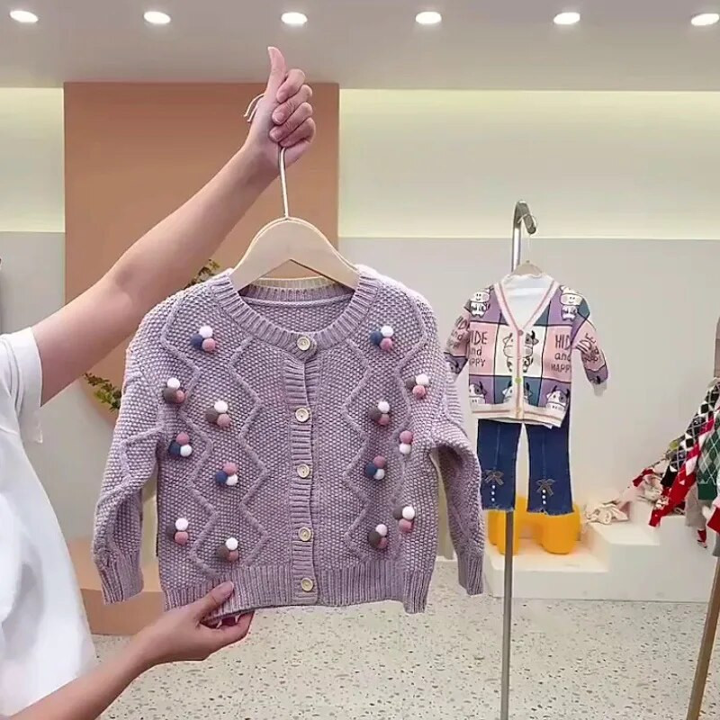 Uus kevadine tüdrukute lilla kampsun mantel Laste kampsun väikelapse sügisene pompom vastsündinud kudumid pikkade varrukatega beebitüdruku topriided