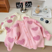 Mergaičių megztas kardiganų striukė pavasariui rudeniui perlo kailio širdelė su kakleliu Vaikams Tvirtas trikotažo megztinis Minkšti korėjietiški viršutiniai drabužiai