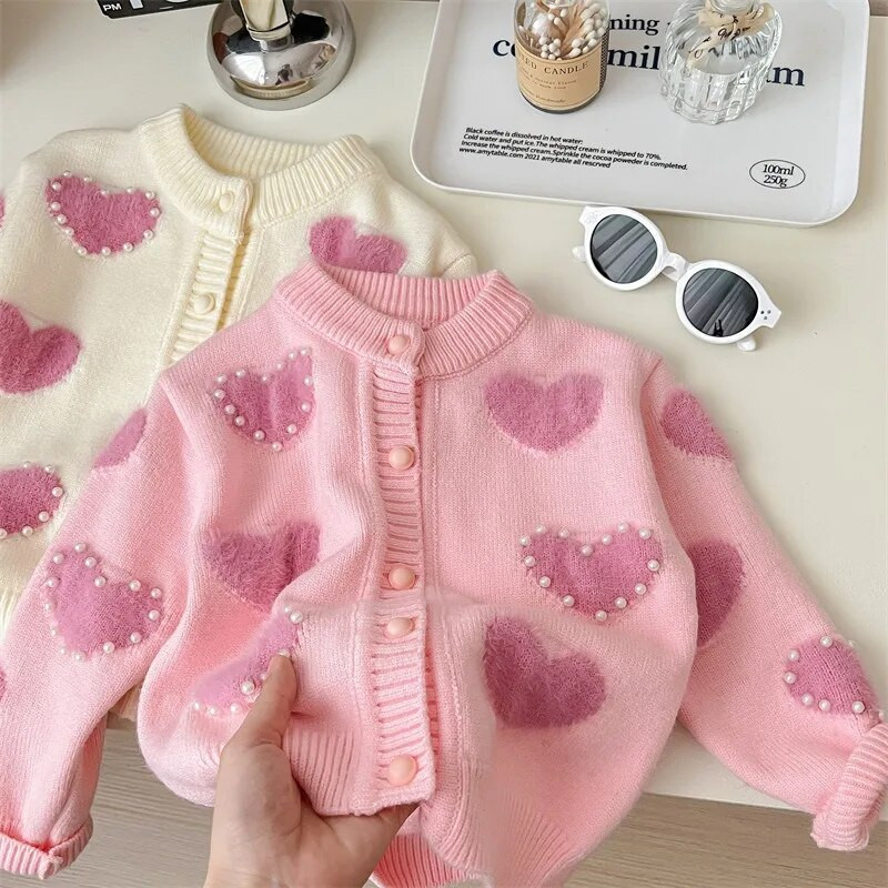Mergaičių megztas kardiganų striukė pavasariui rudeniui perlo kailio širdelė su kakleliu Vaikams Tvirtas trikotažo megztinis Minkšti korėjietiški viršutiniai drabužiai