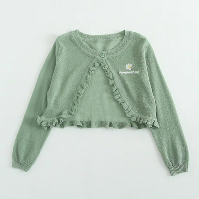 Nový jarný jesenný kórejský štýl pre dievčatká s výstrihom do V na jeden gombík, bavlnený sveter s dlhým rukávom, detský pletený sveter