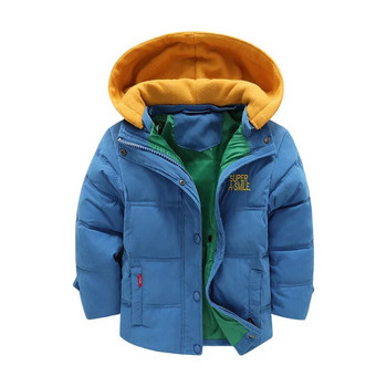 2023 Winter New Boys Jacket Splicing Thicken Keep Hooded Hooded Cold Protection Hendbreake for 3-10 Years Old Παιδικό παλτό