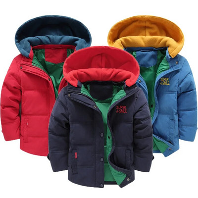 2023 Зимно ново яке за момчета, удебелено, затоплящо, с качулка, защита от студ, ветробран за 3-10 годишни детски палта