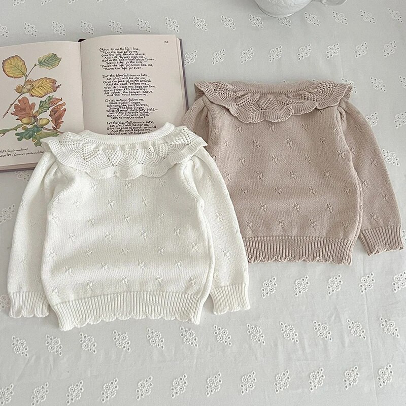 Jesenný sveter pre novorodencov, dievčenské oblečenie, detský sveter, pletený sveter pre batoľatá, novorodenecký pletený svetr s lotosovým golierom, bavlnený detský pulóver