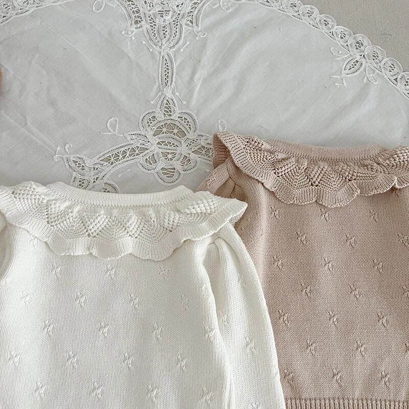 Jesenný sveter pre novorodencov, dievčenské oblečenie, detský sveter, pletený sveter pre batoľatá, novorodenecký pletený svetr s lotosovým golierom, bavlnený detský pulóver