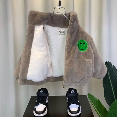 Zimná detská flísová bunda pre chlapcov a dievčatá, kašmírové zahusťovacie baseballové oblečenie pre deti, plyšový teplý úsmevný vzor, kardigan, dospievajúci kabát