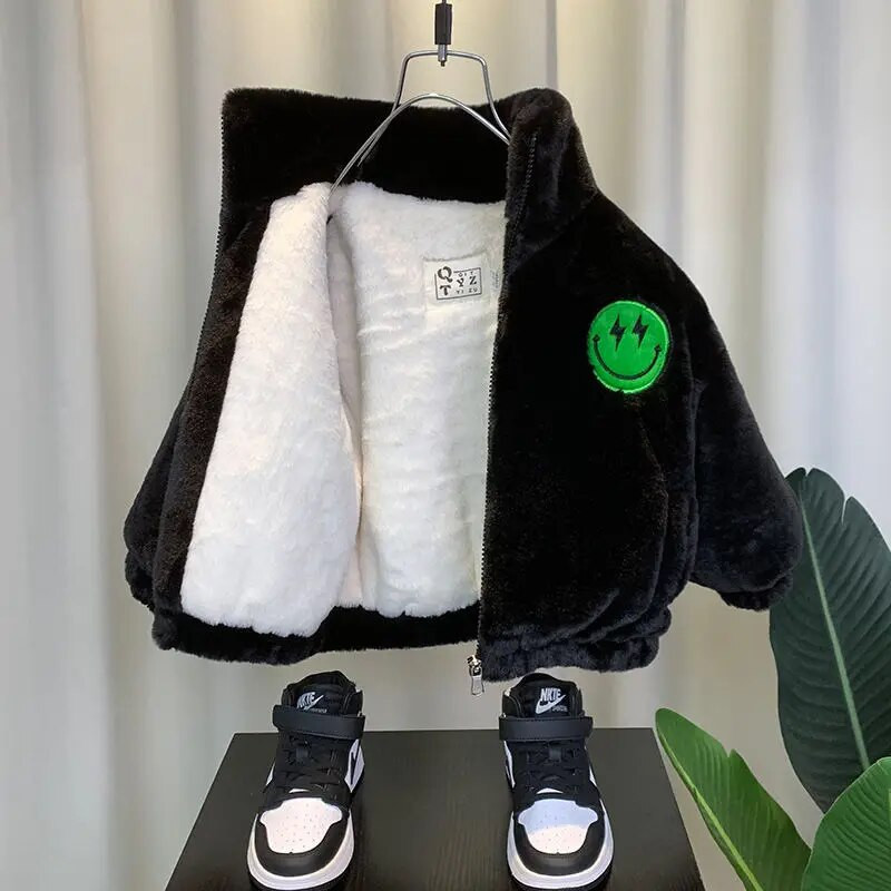 Zimná detská flísová bunda pre chlapcov a dievčatá, kašmírové zahusťovacie baseballové oblečenie pre deti, plyšový teplý úsmevný vzor, kardigan, dospievajúci kabát