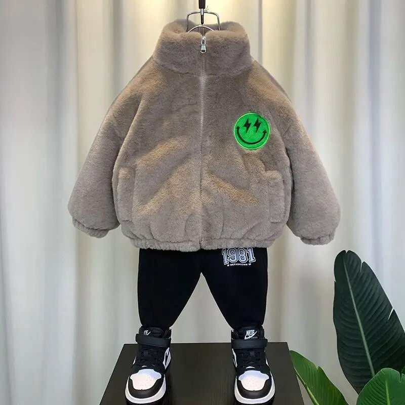 Zimná detská flísová bunda pre chlapcov a dievčatá, kašmírové zahusťovacie baseballové oblečenie pre deti, plyšový teplý úsmevný vzor, kardigan, dospievajúci kabát