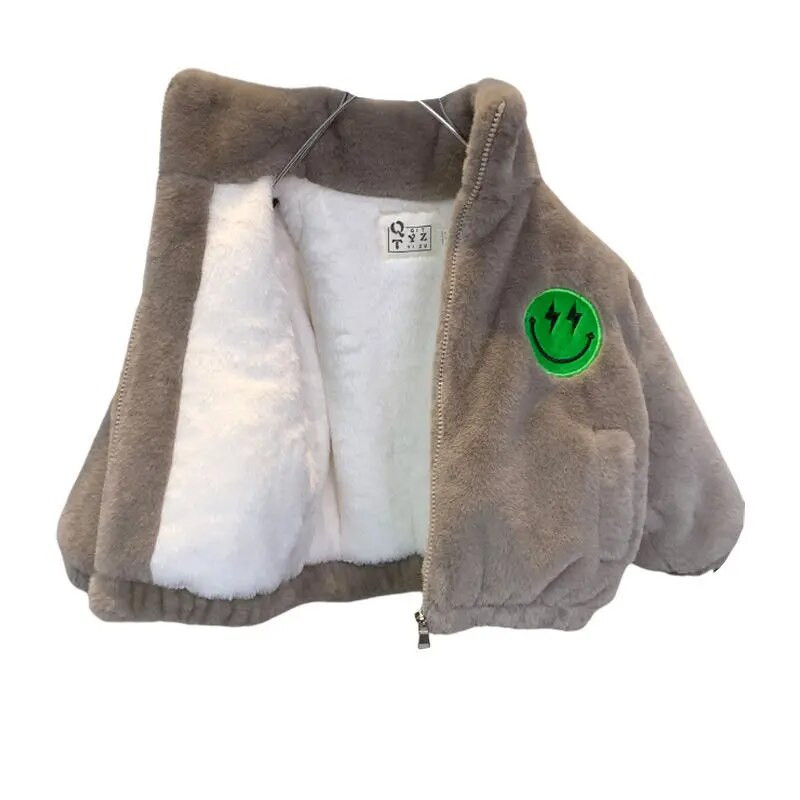 Zimná detská flísová bunda pre chlapcov a dievčatá, kašmírové zahusťovacie baseballové oblečenie pre deti, plyšový teplý úsmevný vzor, kardigan, dospievajúci kabát