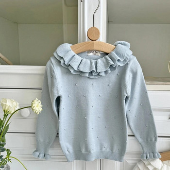 Пролетен плетен пуловер с яка с волани Бебешки памучен пуловер с кръгло деколте Детска долна риза Пуловери за момичета с дълъг ръкав