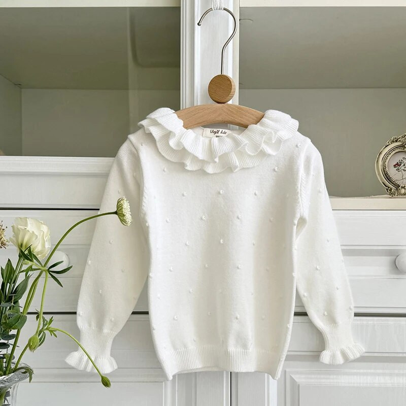 Kevadised tüdrukute kootud volangidega kraega pullover Beebi puuvillane ümara kaelusega kampsun Laste alumine särk pikkade varrukatega tüdrukute kampsunid