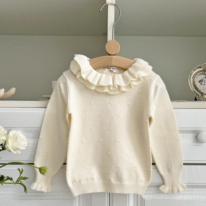 Kevadised tüdrukute kootud volangidega kraega pullover Beebi puuvillane ümara kaelusega kampsun Laste alumine särk pikkade varrukatega tüdrukute kampsunid