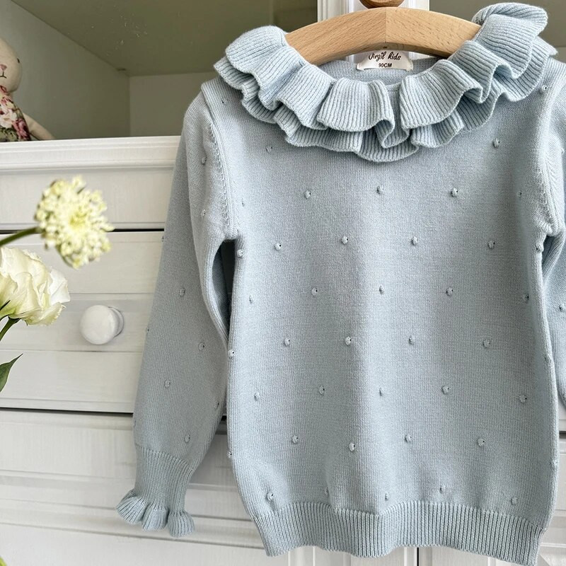 Kevadised tüdrukute kootud volangidega kraega pullover Beebi puuvillane ümara kaelusega kampsun Laste alumine särk pikkade varrukatega tüdrukute kampsunid