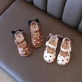 Dievčenské topánky Mary Janes Elegantné detské kožené topánky s motýlikom vzadu, béžovo-kaki, štvorročné, 21-30, bodkované, svetlé detské topánky