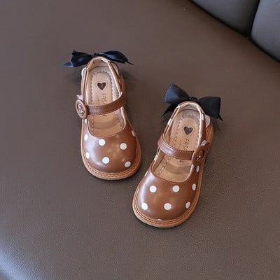 Dievčenské topánky Mary Janes Elegantné detské kožené topánky s motýlikom vzadu, béžovo-kaki, štvorročné, 21-30, bodkované, svetlé detské topánky
